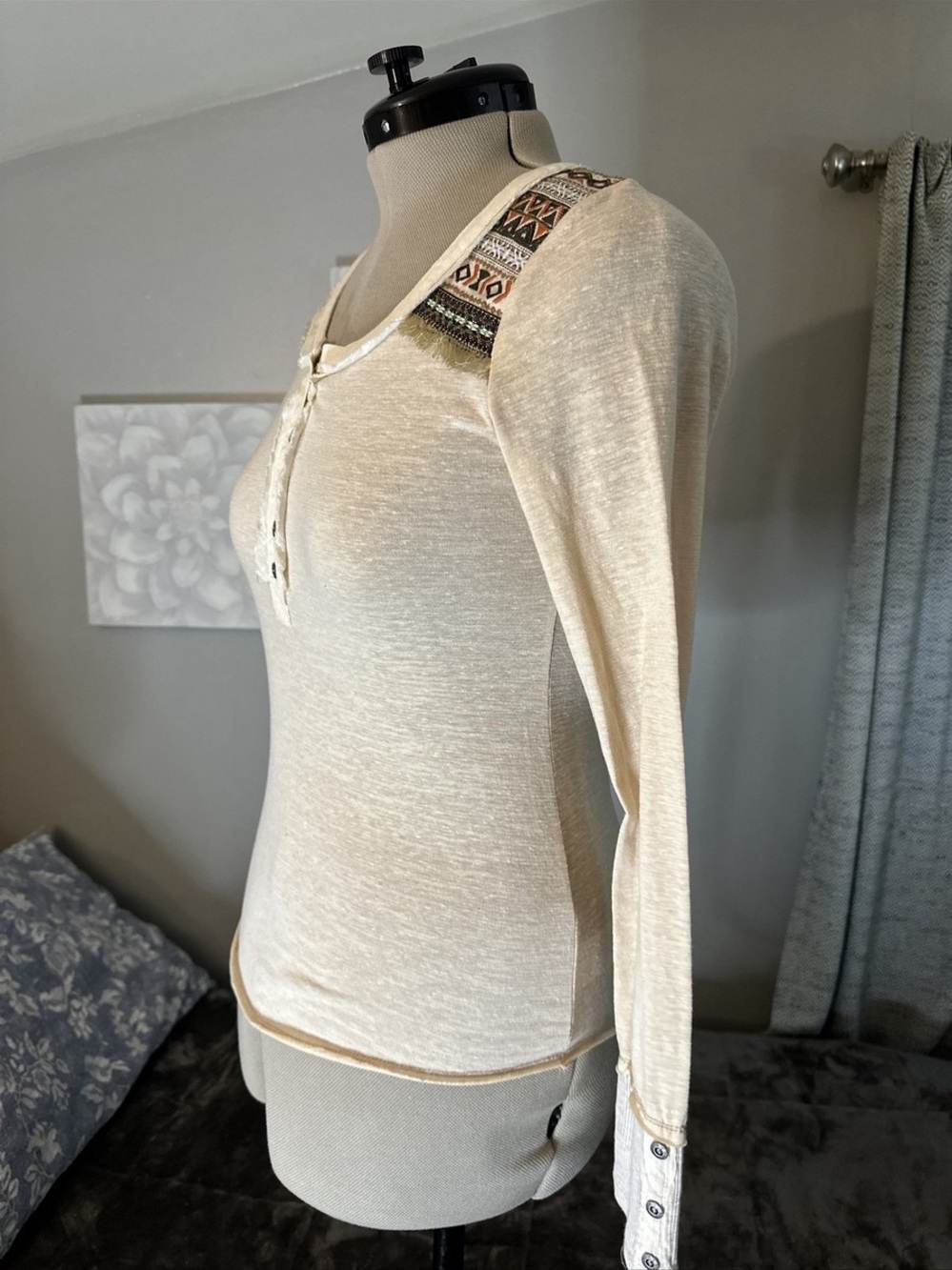 Miss Me Cream Long Sleeve Henley with Embroidered Shoulder Accents
